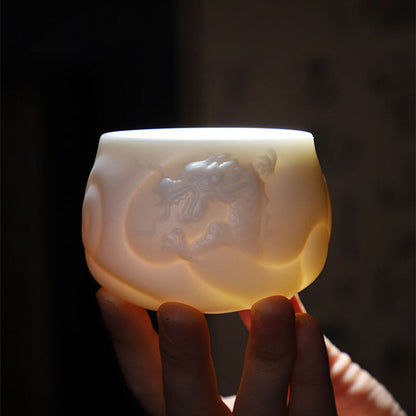 Handmade Teacup Dragon Engraved Carved Master Cup White China Personal Cup 100ml