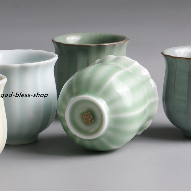 One Tea Cup Petal Design Longquan Celadon Porcelain Cup Ceramic Solid Color 80ml