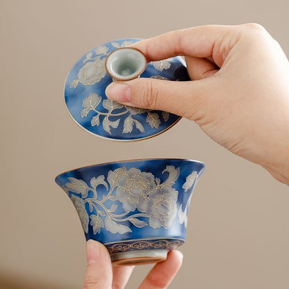 Chinese Jingdezhen Silver Blue White Peony Gaiwan 150ml Kung Fu Tea Bowl