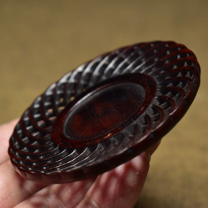 Chinese Retro Blood Sandalwood Coaster 7.5cm Hollow Carved Teacup Mat 14g