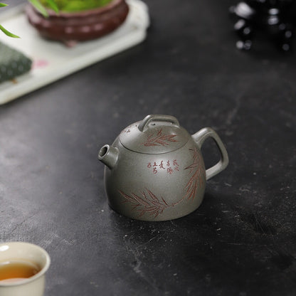 180ml Full Handmade Tea Pot Marked Chinese Character Bamboo Carved Zisha Tea Pot