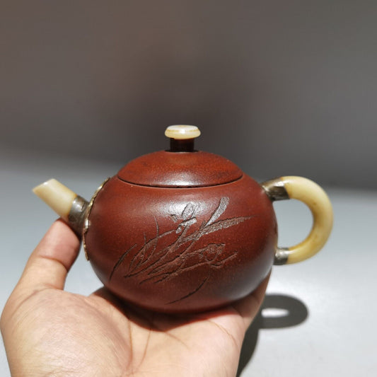 vintage chinese yixing purple clay teapot zisha ceremony carving Inlaid jade art