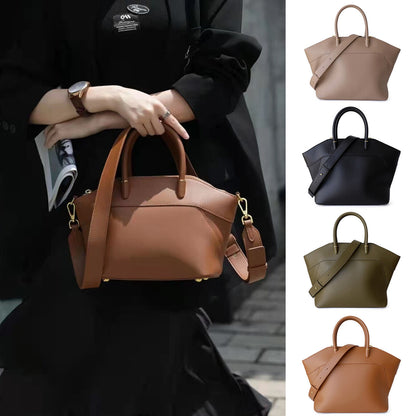 Trapezoid Real Leather Tote w/ Zipper Purse Shoulder Bag Handbag w/ Long Strap