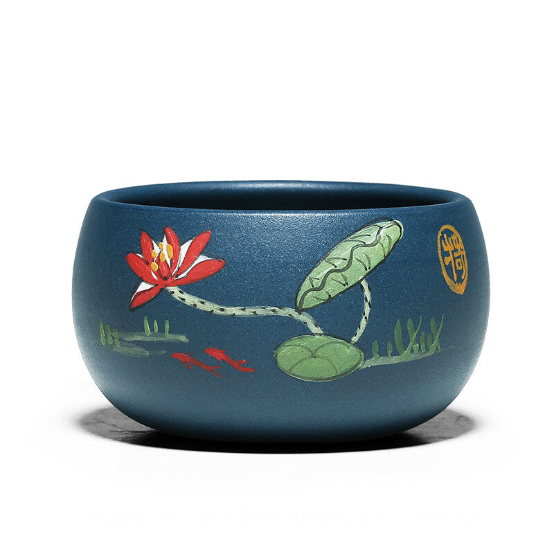 China Yixing Zisha Pottery Hand Drawing Lotus Flower GongFu Teacup Cup Blow