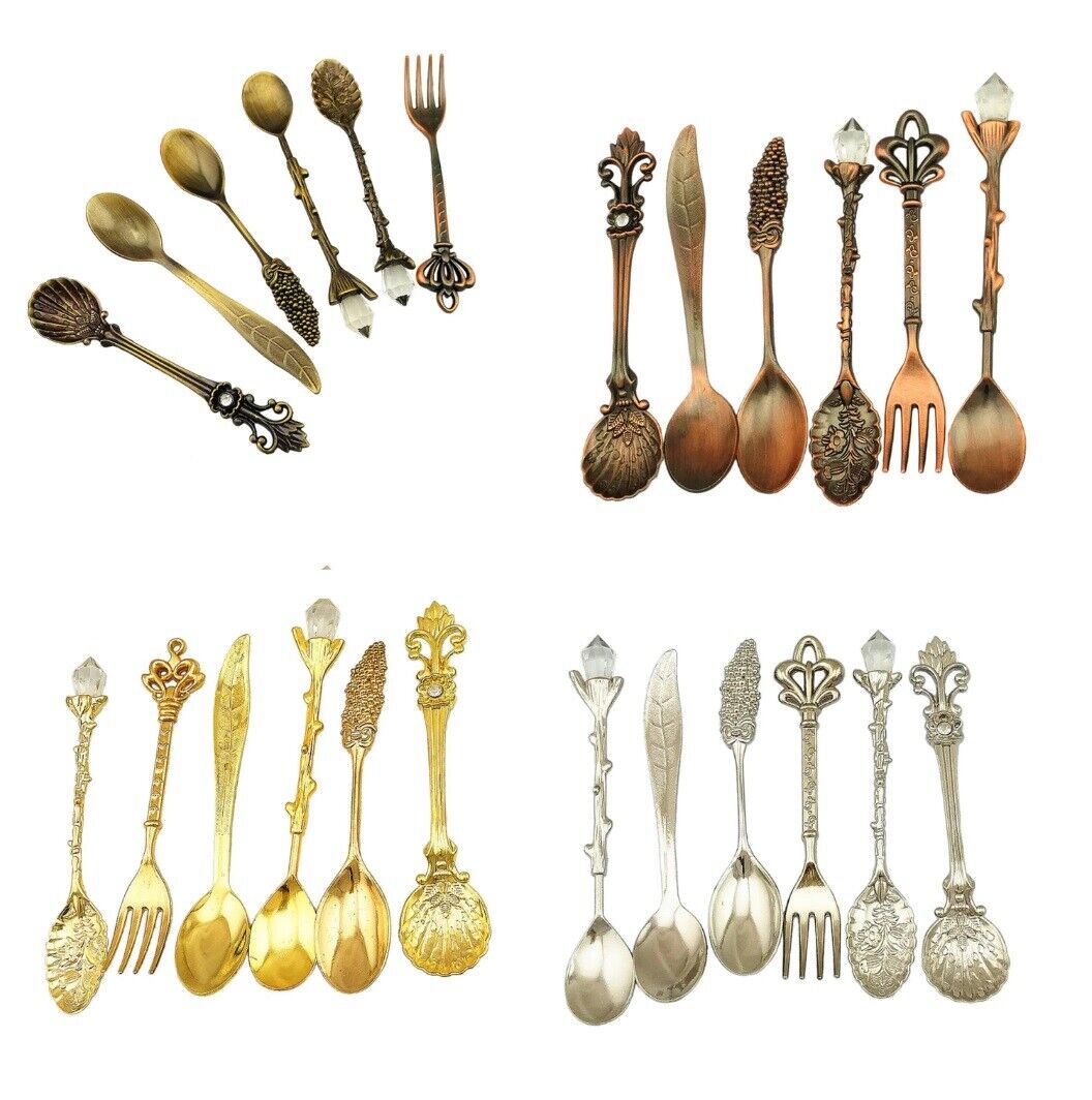 6Pcs/Set Vintage Dessert Spoons Fork 110x20mm Metal Gold Carved Coffee Tea Spoon