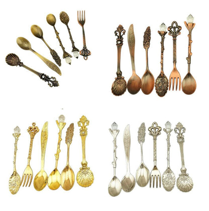 6Pcs/Set Vintage Dessert Spoons Fork 110x20mm Metal Gold Carved Coffee Tea Spoon