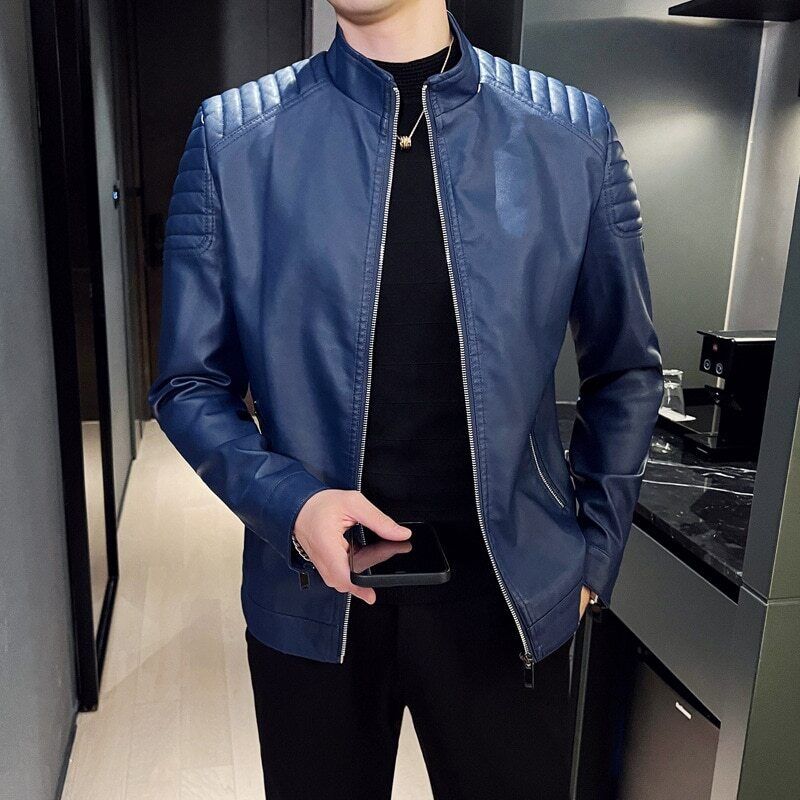 Pu Jacket Men Jacket Male Stand Collar Windbreaker Mens Clothing Black Blue