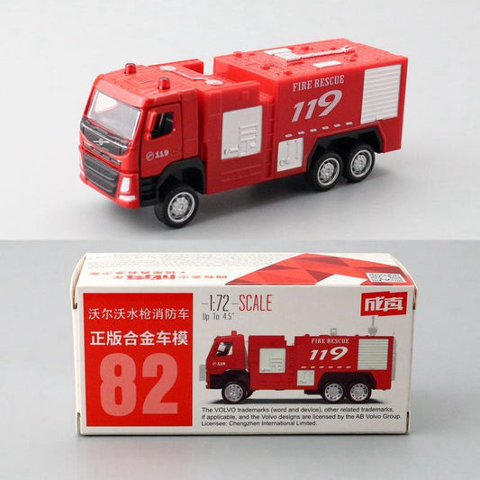 1:72 Diecast Volvo Fire Truck Metal Car Model Toy Pull Back Door Open Gift