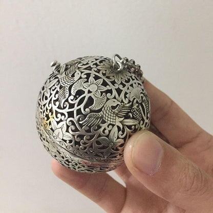 Chinese Vintage Silver Plated Openwork Bird Flower Incense Ball 5.4cm