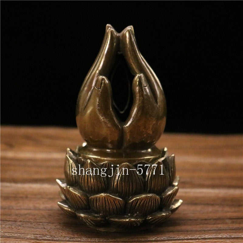 Tibet Bronze Buddhist Lotus Pray Buddha Hand Statue Box Incense Burner Censer
