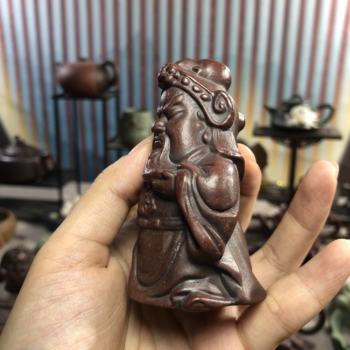 Yixing Solid Clay Zisha Guan Gong Tea Pet Figurine Handmade Decor