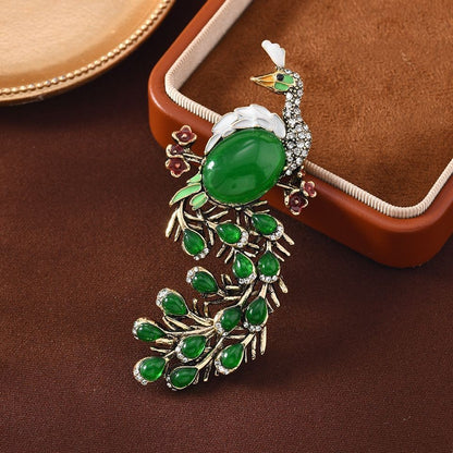 Chinese Style Peacock Brooch Green Enamel Phoenix Pin Luxury Coat Accessory