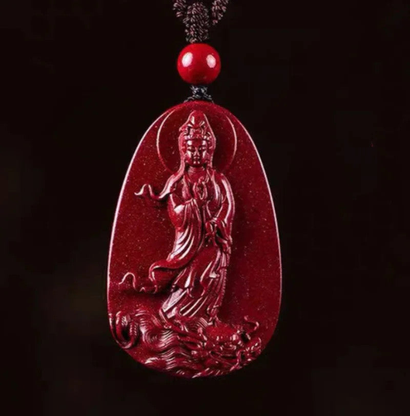 Cinnabar Jade Guanyin Pendant Necklace Jewellery Chinese Healing Sweater Chain