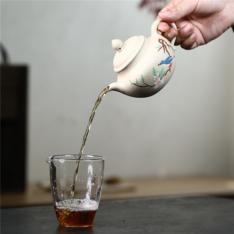 Yixing Zisha White Clay Pottery Handmade Tea Pot Bird Branch Marked Tea Pot