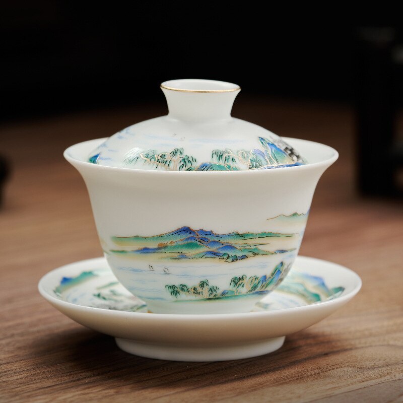 Chinese 180ml Jingdezhen Landscape Ceramic Gaiwan Cup Hand-painted Tea Tureen