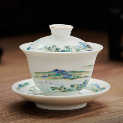 Chinese 180ml Jingdezhen Landscape Ceramic Gaiwan Cup Hand-painted Tea Tureen