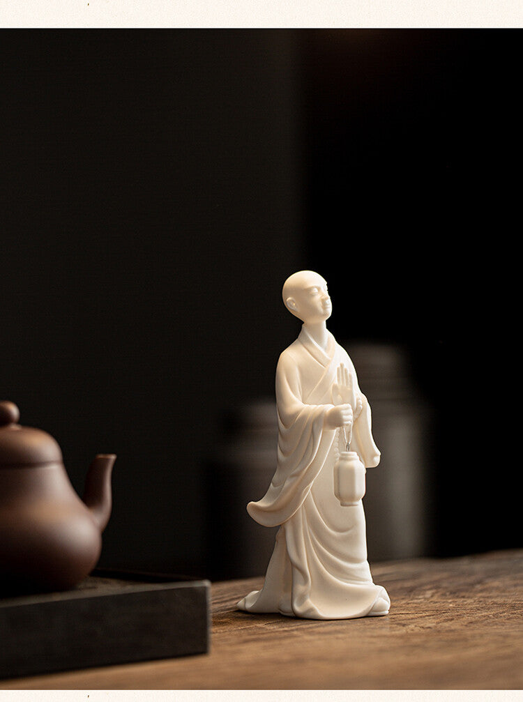 New White Porcelain Statue Monk Lantern Buddhism Zen Office Study Table Decor