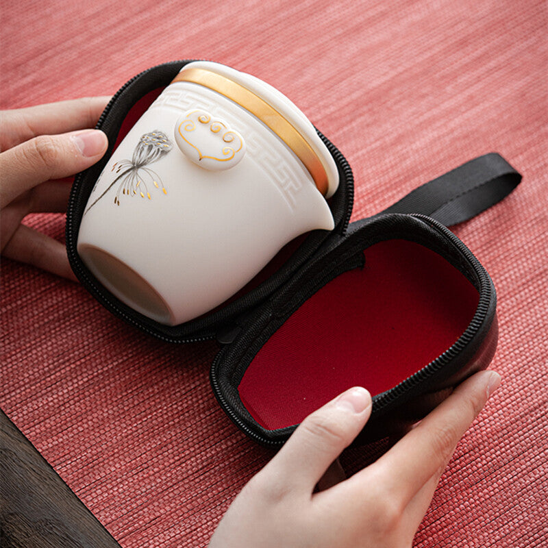 Mutton Fat Jade Porcelain Travel Tea Set With Portable Bag China Tea Pot Cup New