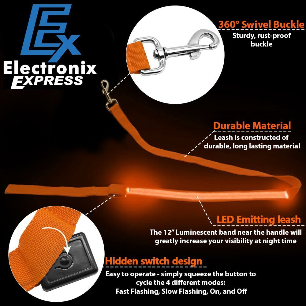 Orange 4 Foot Illuminated LED Pet Leash - Recharged via USB (Charger Included)