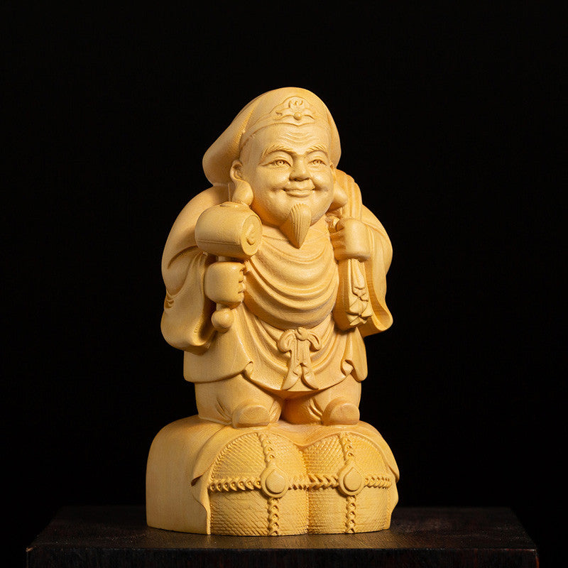 10CM Tall Daikokuten Boxwood Sculpture God of Wealth Wood Carving Statue