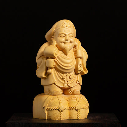 10CM Tall Daikokuten Boxwood Sculpture God of Wealth Wood Carving Statue