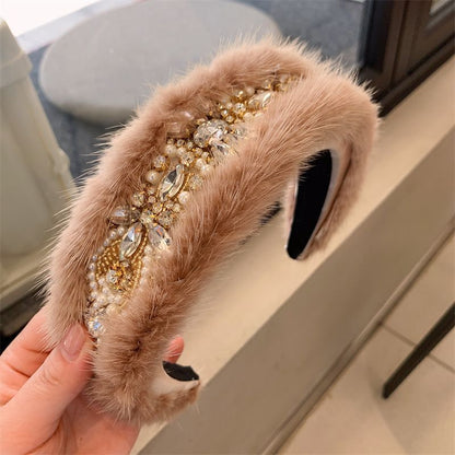 Women Headband Luxurious Faux Fur Crystal Hairband Casual Adult Hair Accessories