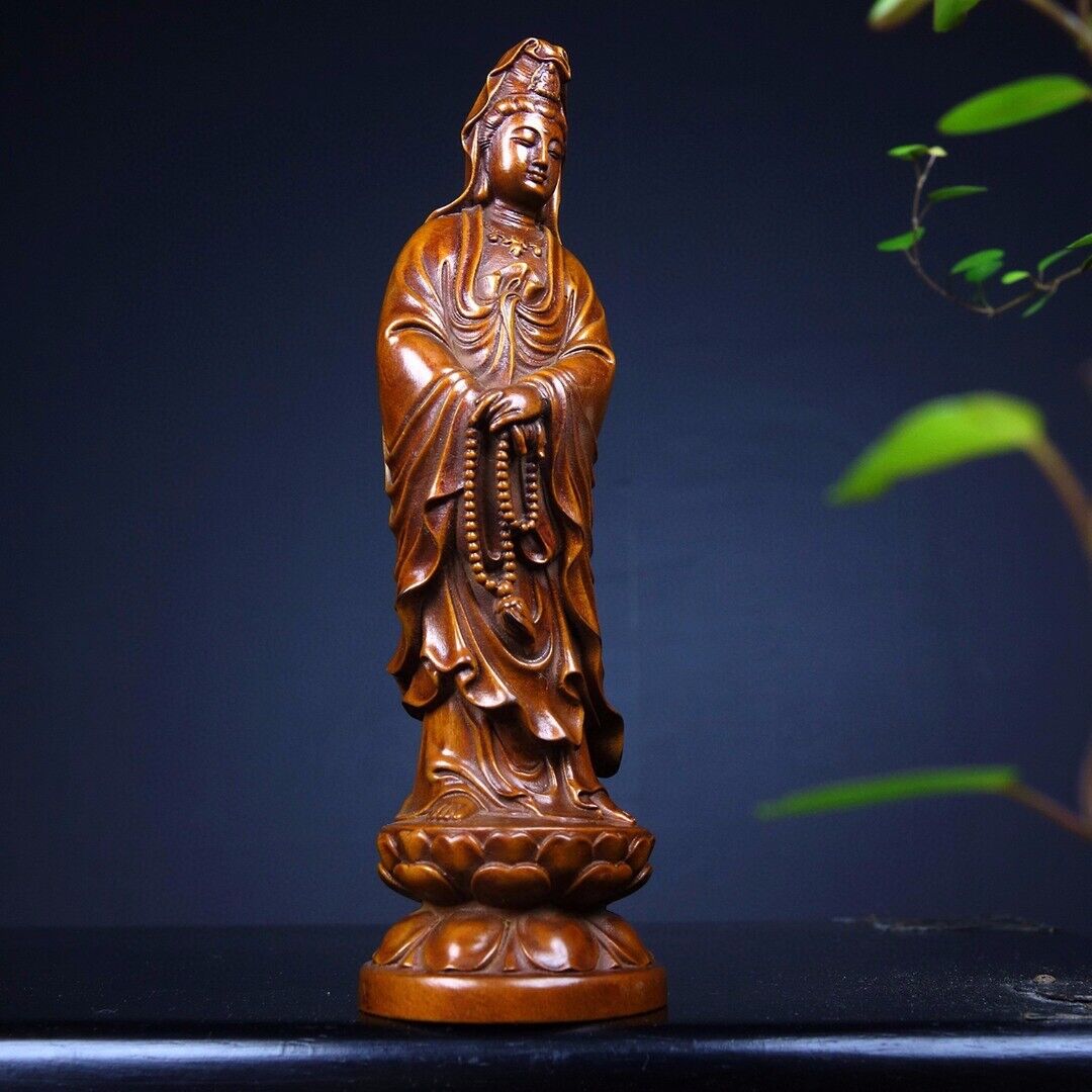 Old Chinese Boxwood Wood hand Carved lotus Guanyin Buddha exquisite Statue