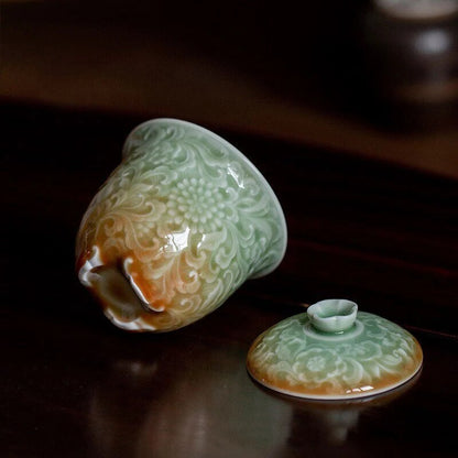 Celadon Carved Relief Gaiwan Ceramic Chinese Tea Bowl Vintage Tea Cup Household