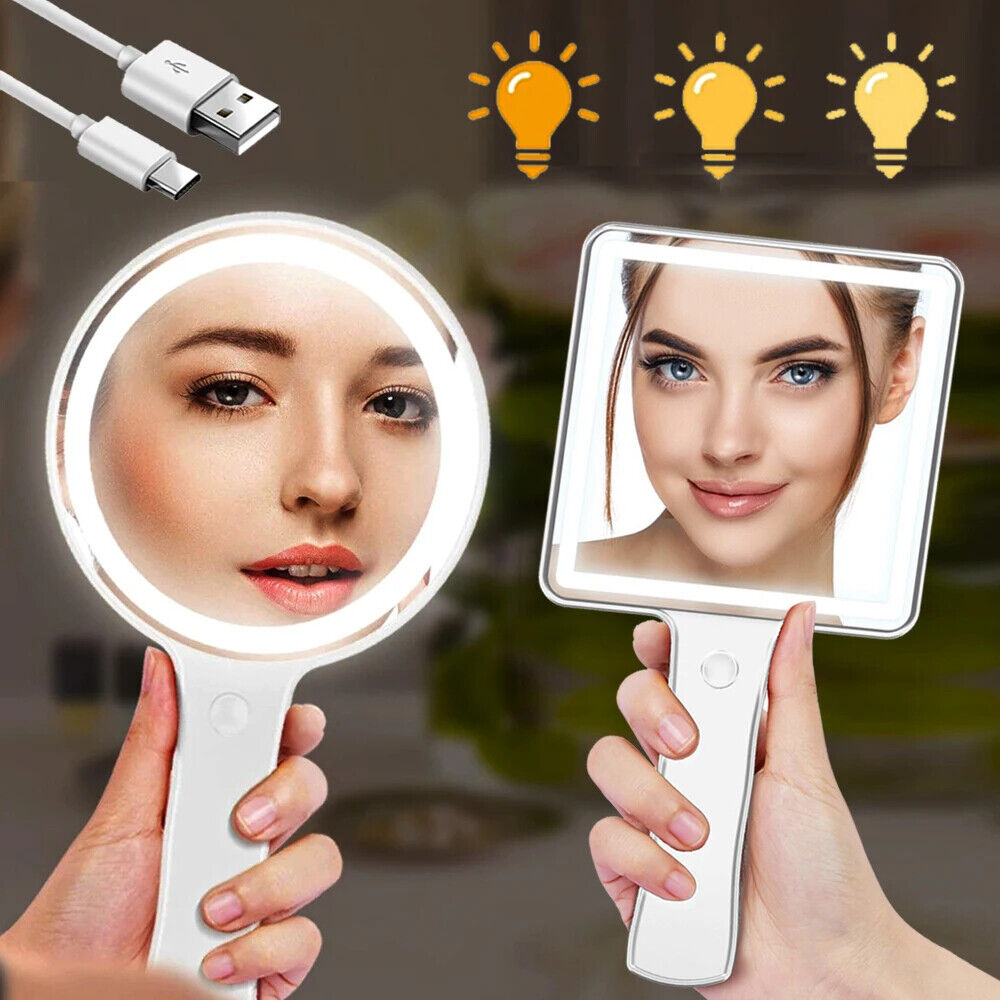 USB Makeup Mirror ABS+Glass LED Light Compact Handheld Vanity Round Touch Screen
