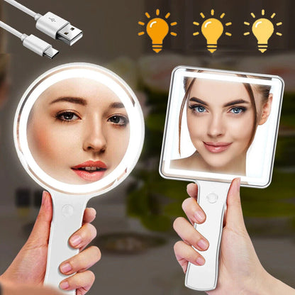 USB Makeup Mirror ABS+Glass LED Light Compact Handheld Vanity Round Touch Screen