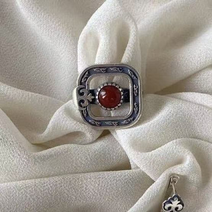 Kazakh Ethnic Vintage Ring & Earring Set Red Stone Tassel Jewelry