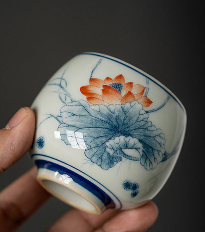 Antique Chinese Lotus Vintage Tea Cup Ceramic Cask Cup Teacup Teaware