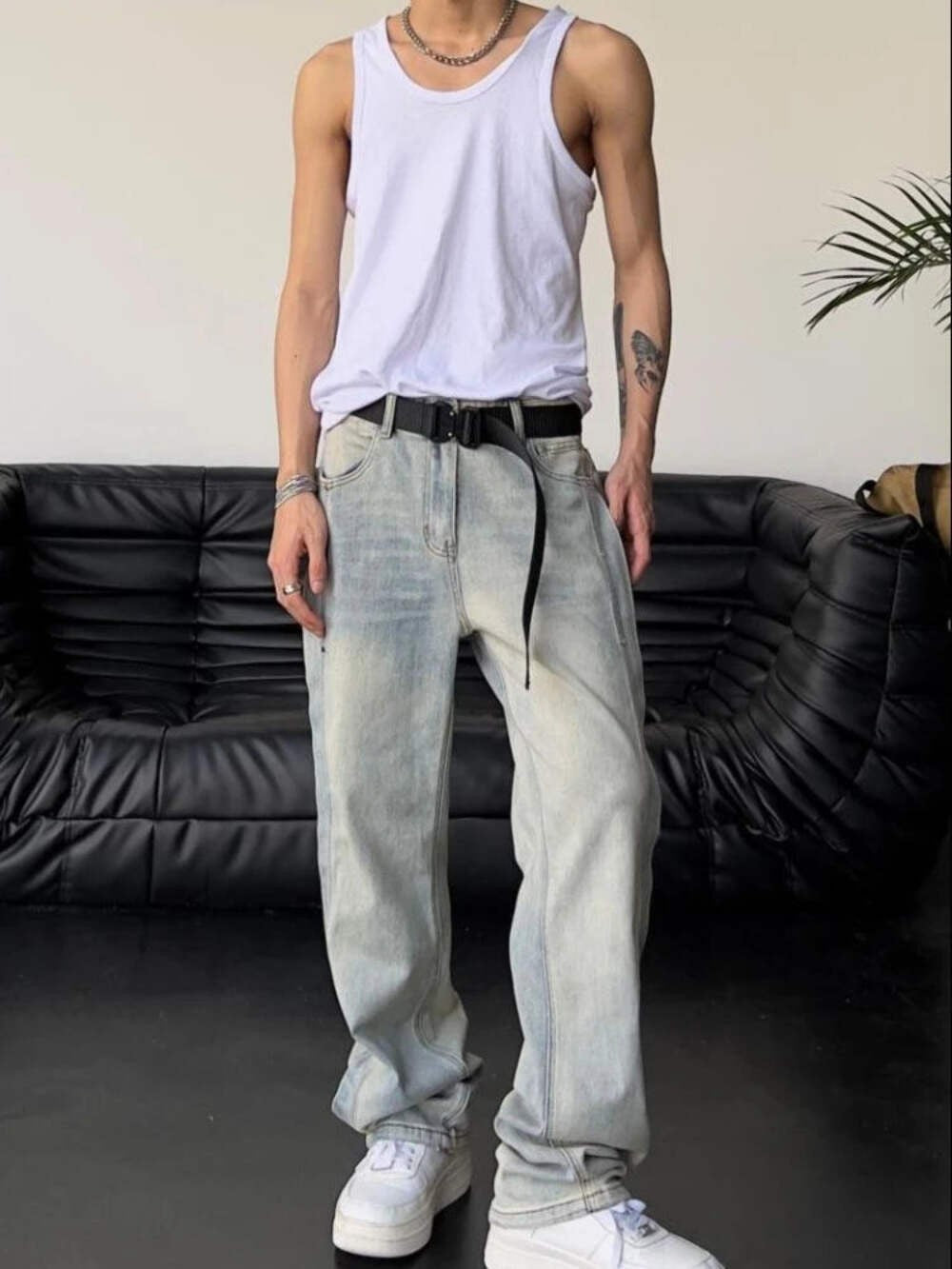 Men’s Baggy Patchwork Jeans Loose Wide Leg Denim