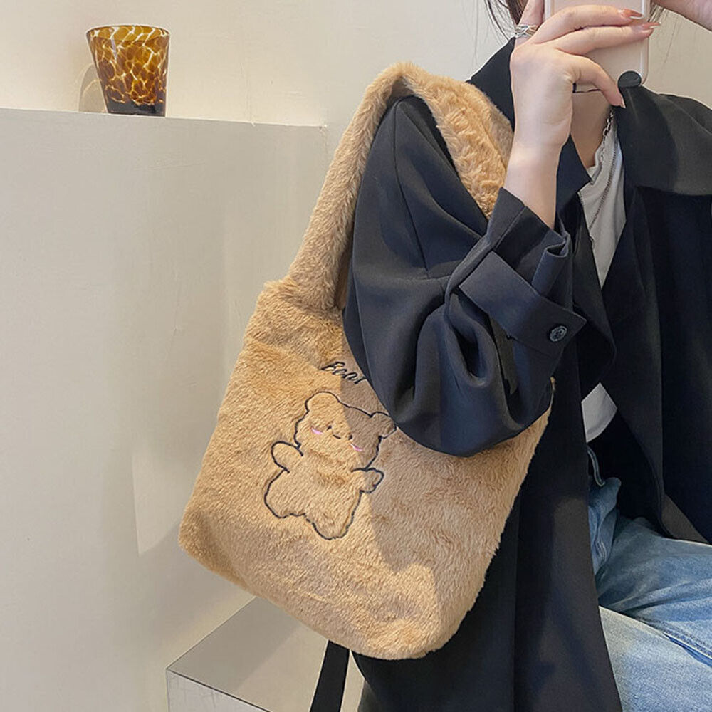 Plush Women Bag Soft Tote Bag Large Capacity Handbag Fluffy Underarm Bag Cartoon