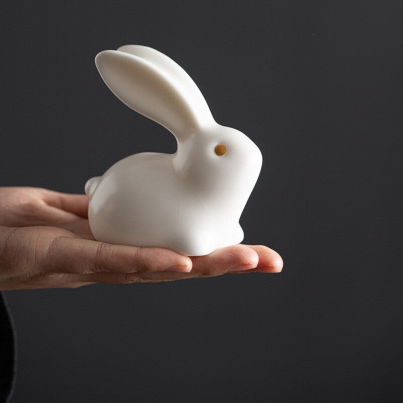 Lovely Rabbit Statue Porcelain Tea Pet Artware Mascot Ornament Handmade Animal