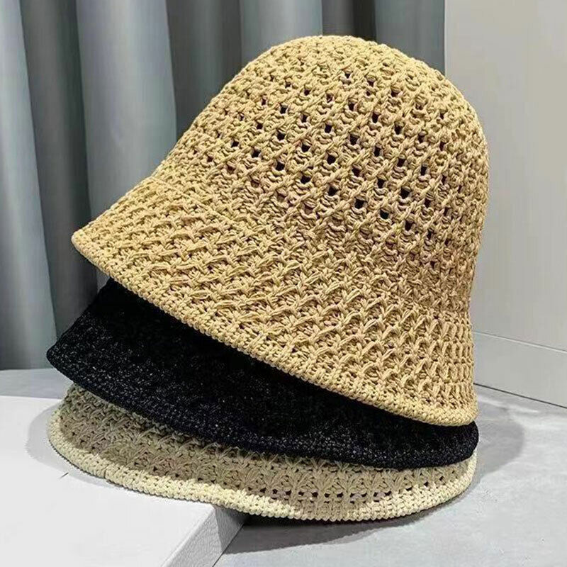 Women Ladies Summer Sun Beach Straw Hat Floppy Wide Brim Foldable Cap Bucket Hat