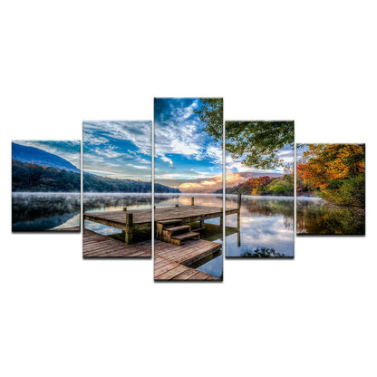 5pcs HD inkjet canvas painting wooden bridge sunset lake water sky No Framed