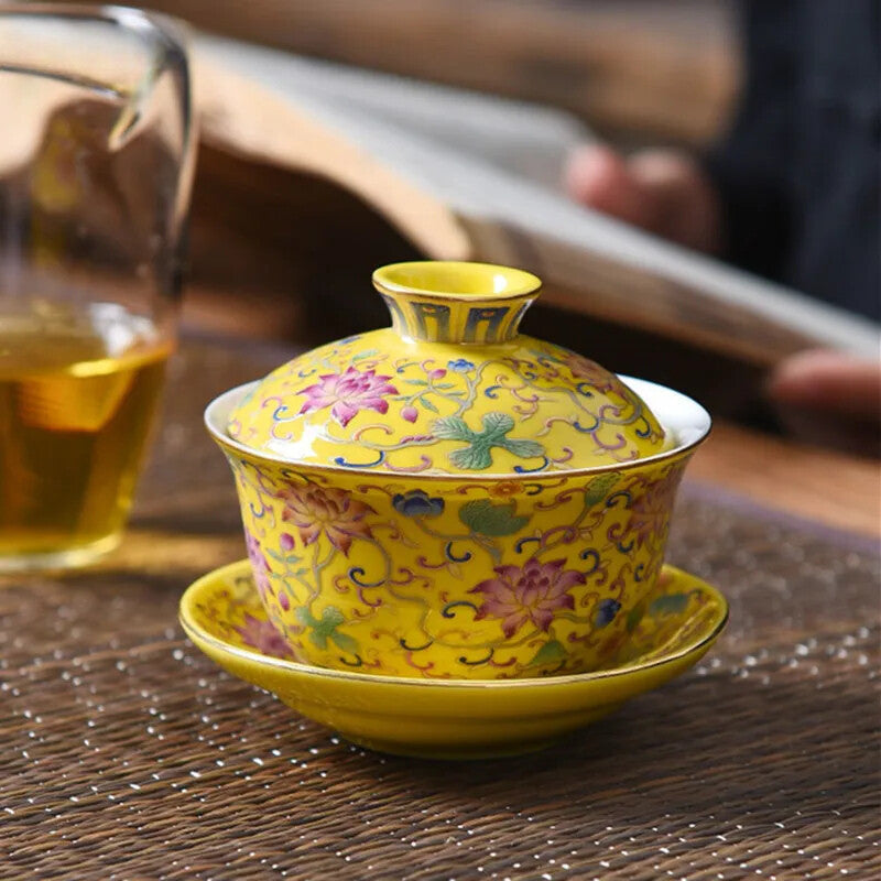 Jingdezhen Enamel Ceramic Gaiwan Teacup Handmade Flower Pattern Tea Bowl Chinese