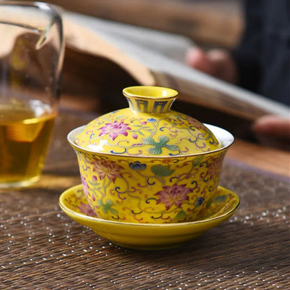 Jingdezhen Enamel Ceramic Gaiwan Teacup Handmade Flower Pattern Tea Bowl Chinese