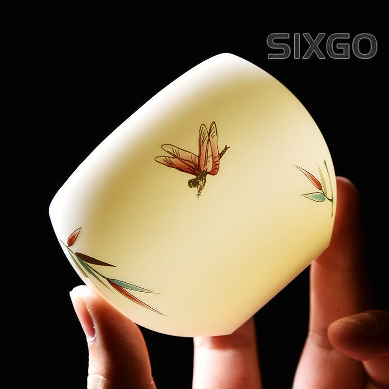 Ceramic Tea Cup Fat Mutton Jade Porcelain Master Cup Butterfly Print Cup 140ml