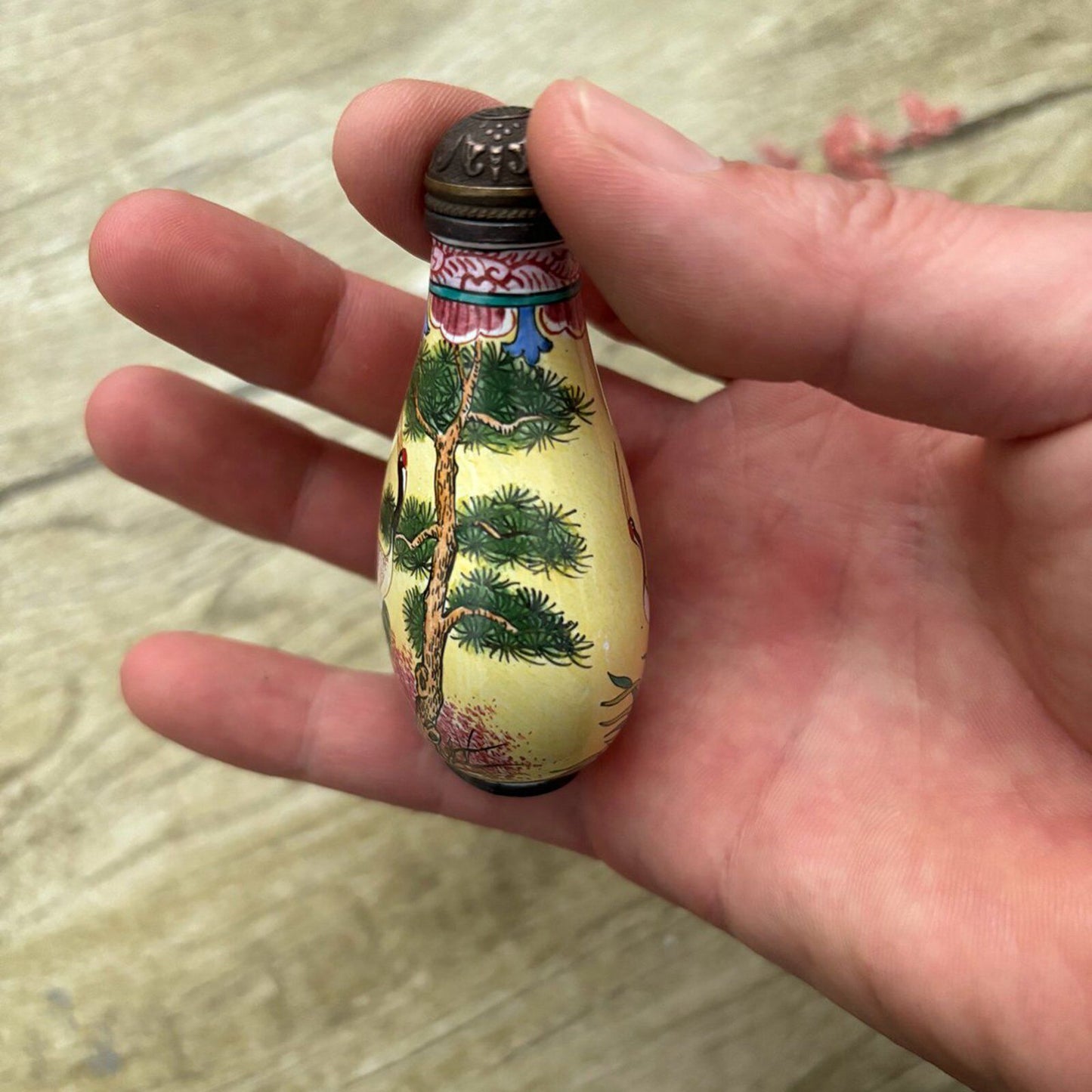 Old Beijing Chinese Cloisonne Snuff Bottle Enamel Painted Crane Bird Collection