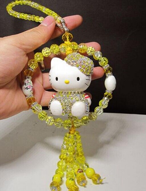 Handmade Cute Rhinestone Crystal Hello Kitty Pendant Purple Beading Car Decor