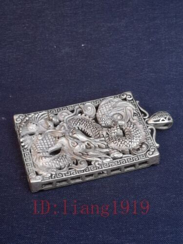Chinese Tibet Silver Carving Dragon Statue necklace Pendant Collection gift