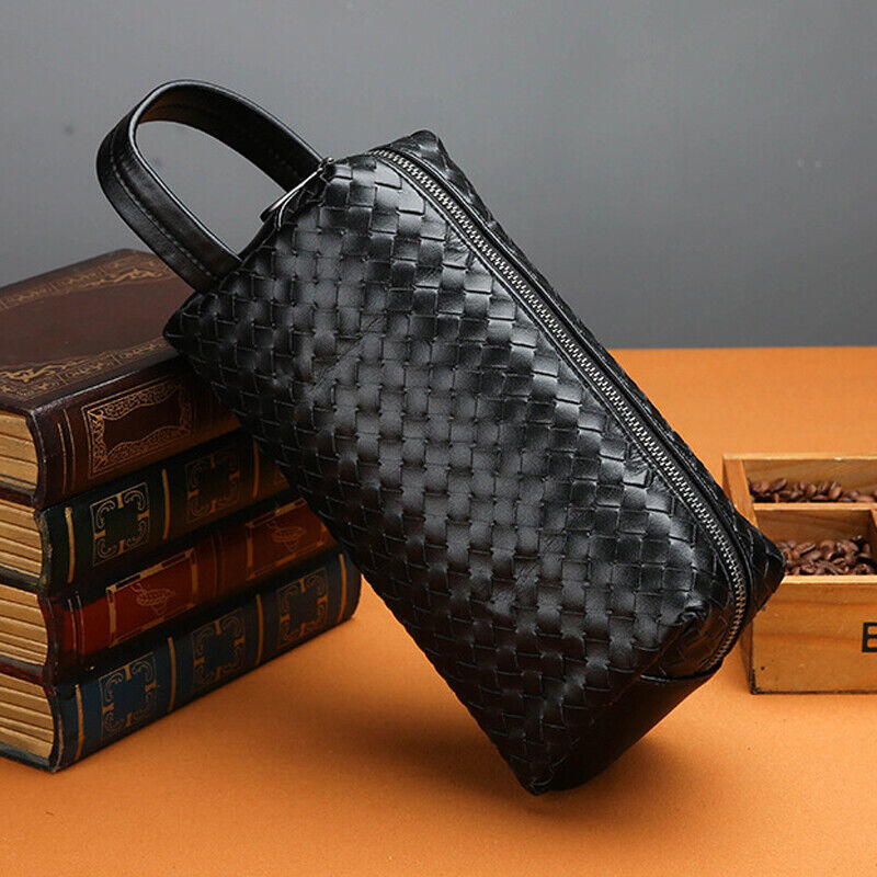 Men's Black Weaving Bag Microfiber Leather Large Capacity Handbag 5" Clutch Bag
