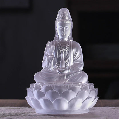Chinese Time-Honored Methods Coloure Glazed Lotus Guanyin Decor Buddha Statue