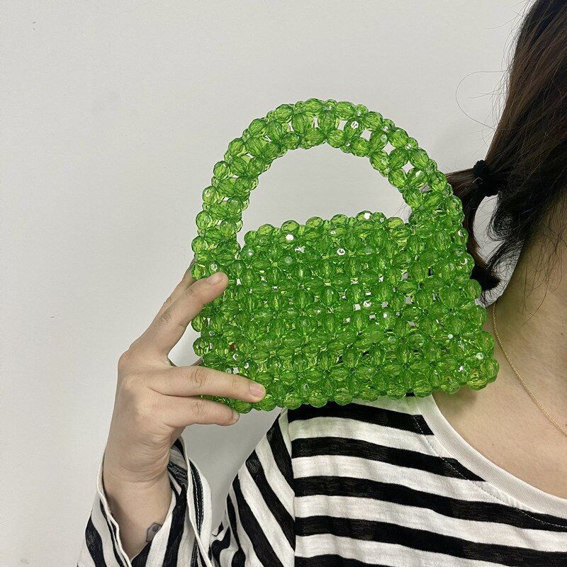 Pearl Bag Clear Acrylic Crystal Beaded Totes Handbag Women Handmade Small Bucket