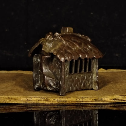 Chinese Antique Bronze Handheld Tree House Incense Burner Statue Ornament