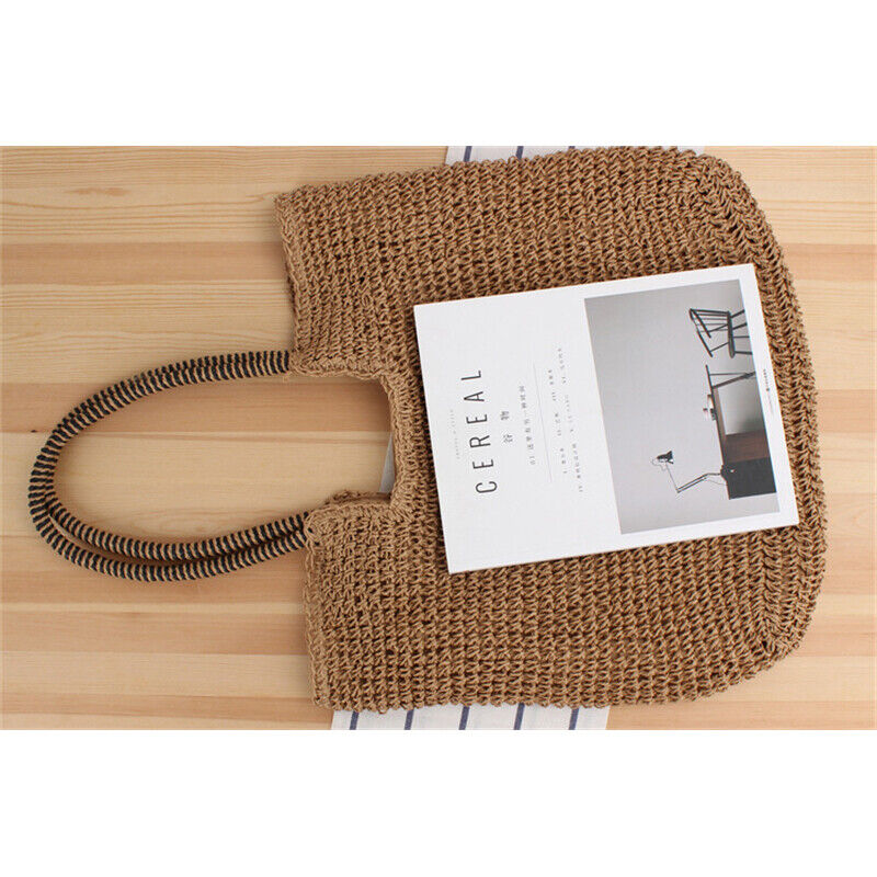 New Womens Simple Solid Tote Bag One-shoulder Straw Bag Summer Beach Bag