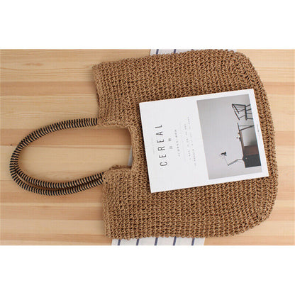 New Womens Simple Solid Tote Bag One-shoulder Straw Bag Summer Beach Bag