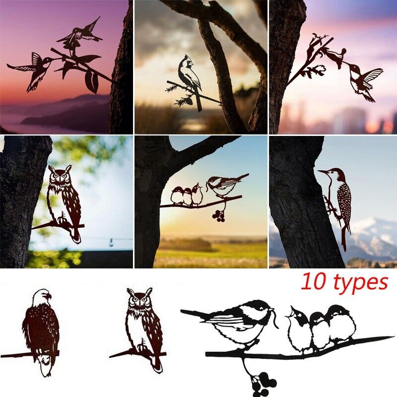 Metal Statue Rustic Hanging Decoration Sign Outdoor Bird Tree Yard Metal Art